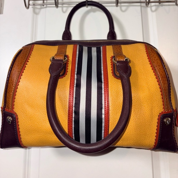 ✨ Henri Bendel Medium Leather Satchel Barrel Bag – Striped Interior + Mirror